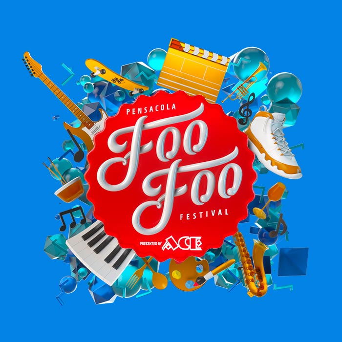 Foo Foo Festival Logo exploding with guitars pianos shoes saxophone