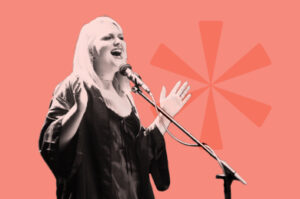 Woman singing at the foo foo festival on a peach colored background